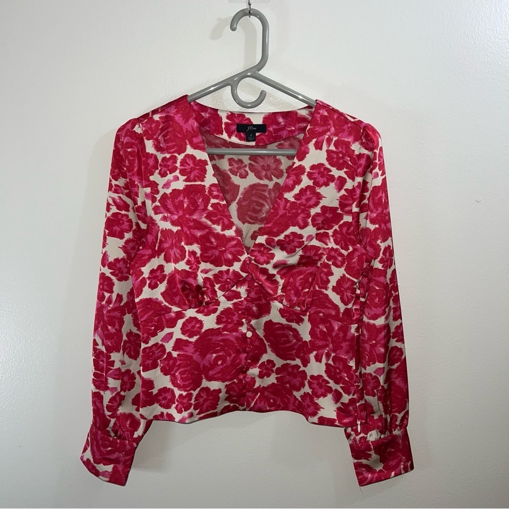 J.Crew Floral V-Neck Satin Button Front Women's Blouse Size 2